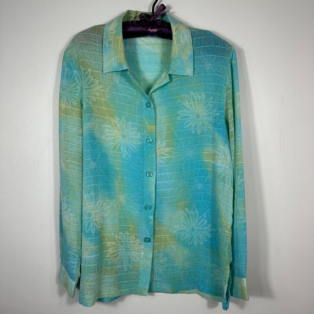 Draper's & Damon's Aqua Blue Sheer‎ Button Front Blouse Floral Stripe M